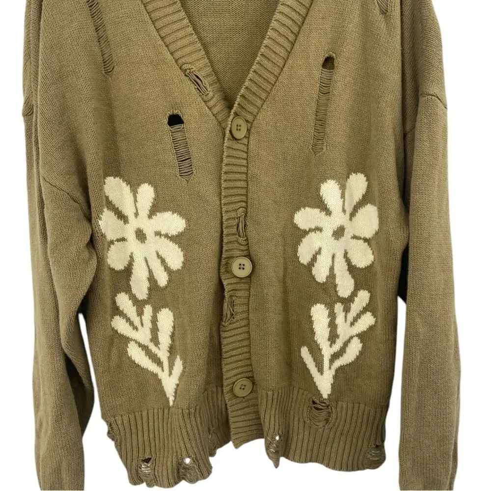 Reclaimed Vintage unisex cardigan distressing flower graphic in khaki green XS 2